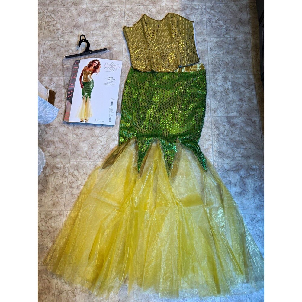 Be Wicked Mermaid Water Nymph 2pc Costume S/M Green Gold Lace-Up Corset Skirt